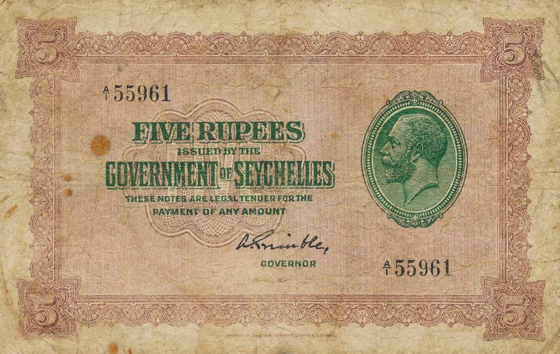 Front of Seychelles p3c: 5 Rupees from 1936
