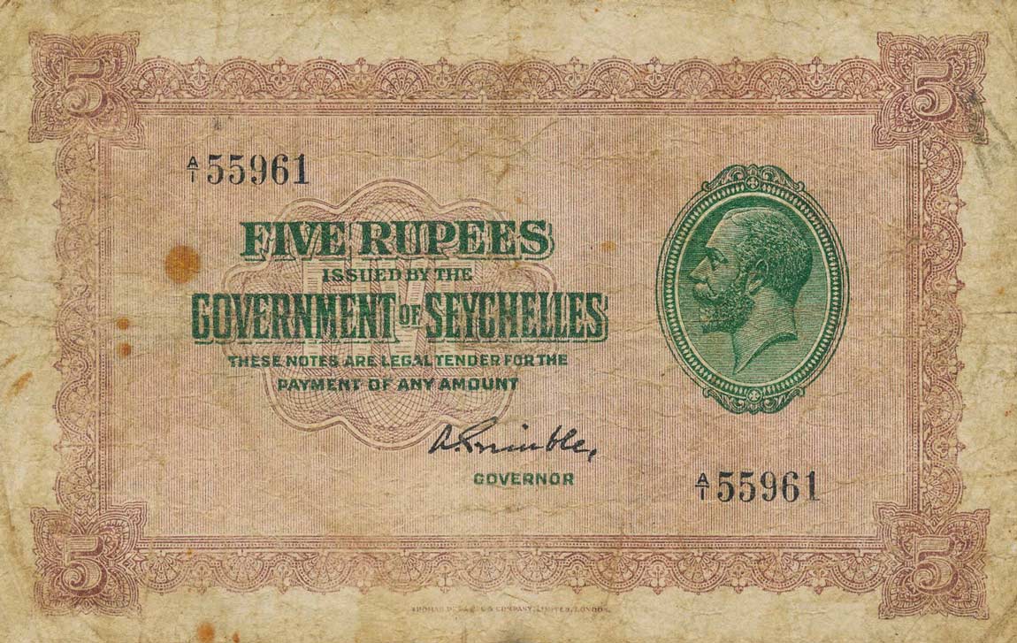 Front of Seychelles p3c: 5 Rupees from 1936