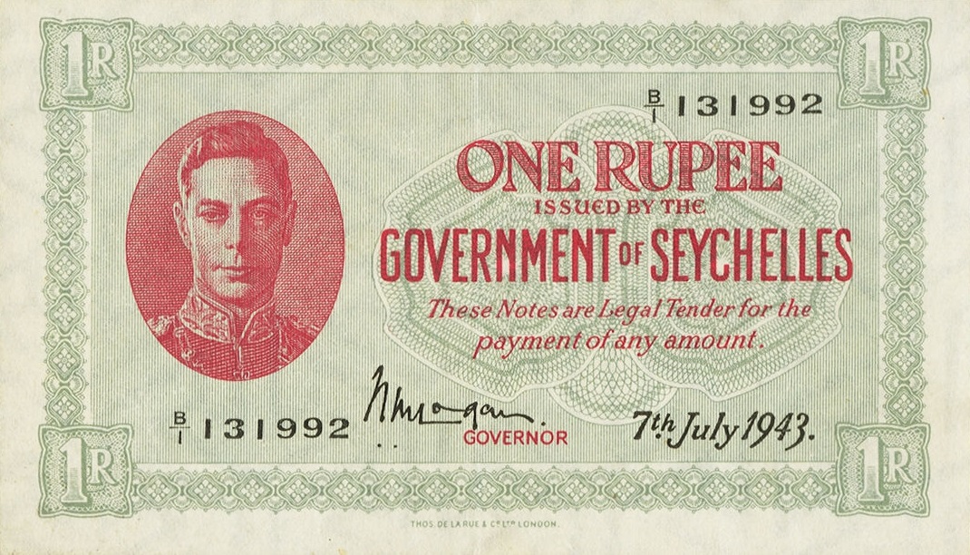 Front of Seychelles p7a: 1 Rupee from 1943