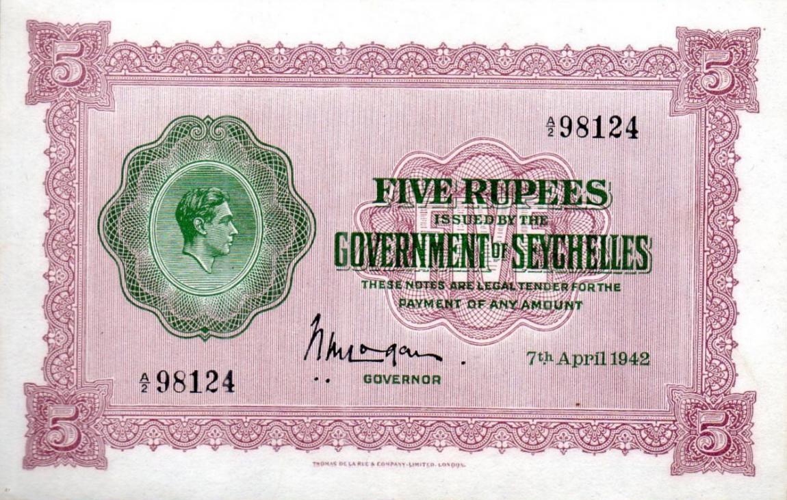 Front of Seychelles p8: 5 Rupees from 1942