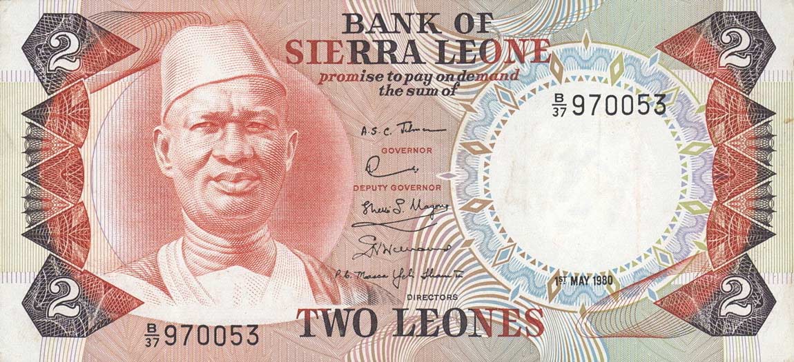 Front of Sierra Leone p6e: 2 Leones from 1980