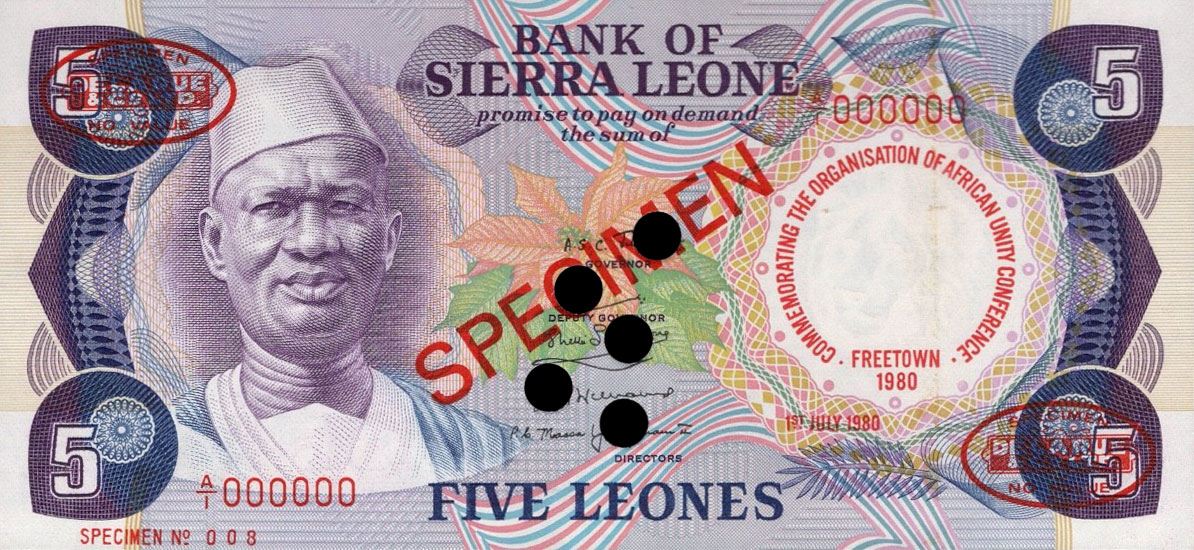 Front of Sierra Leone p12s: 5 Leones from 1980