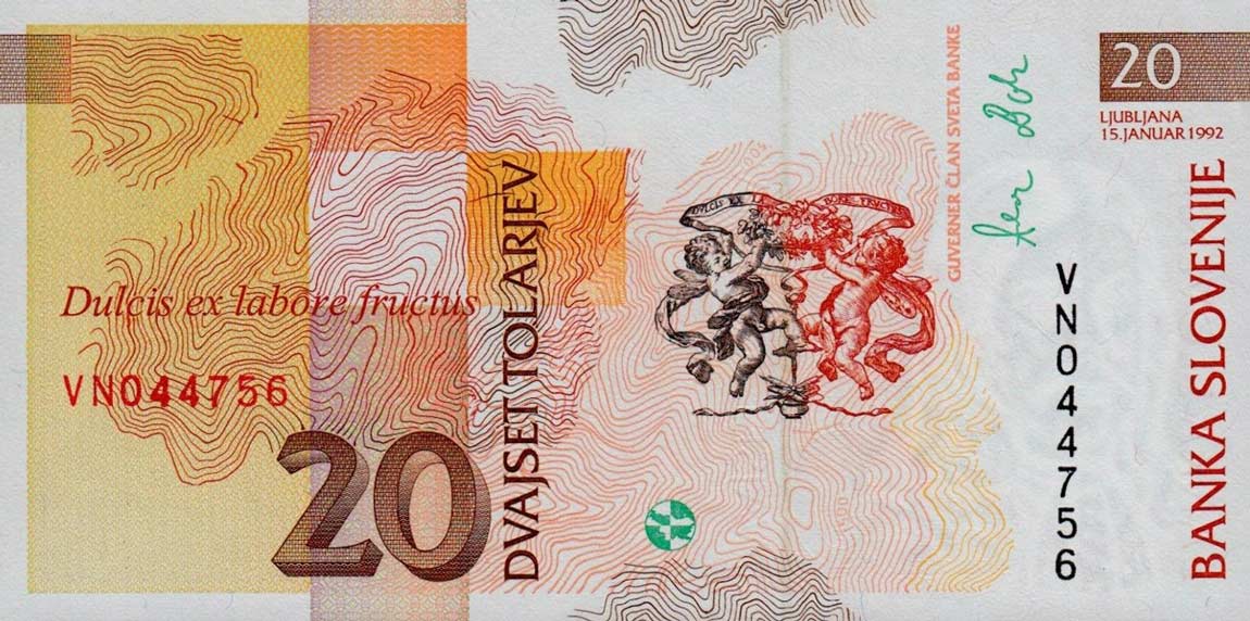 Back of Slovenia p12a: 20 Tolarjev from 1992