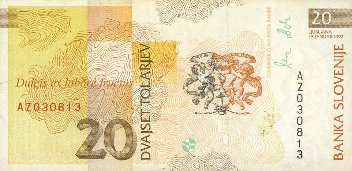 Back of Slovenia p12r: 20 Tolarjev from 1992