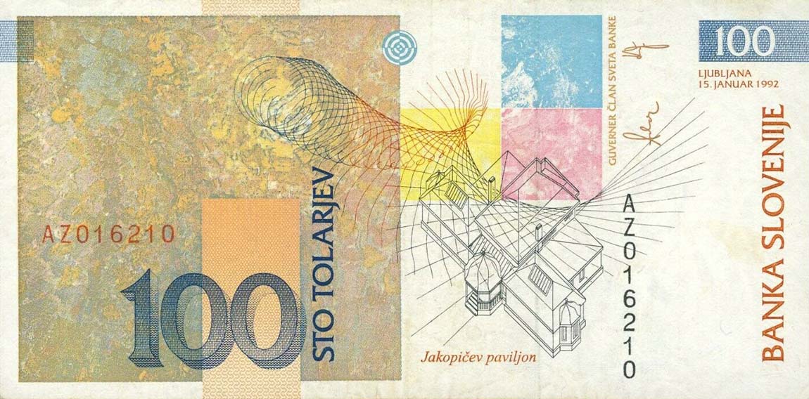 Back of Slovenia p14r: 100 Tolarjev from 1992