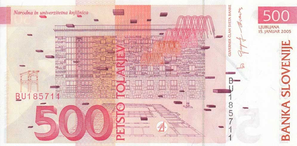 Back of Slovenia p16c: 500 Tolarjev from 2005