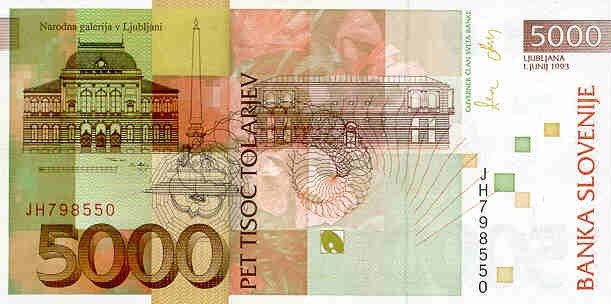 Back of Slovenia p19a: 5000 Tolarjev from 1993