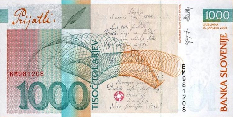 Back of Slovenia p32a: 1000 Tolarjev from 2003