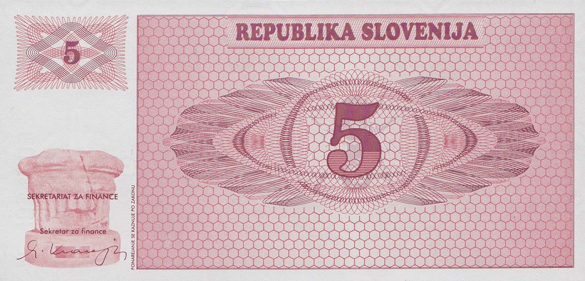 Front of Slovenia p3s1: 5 Tolarjev from 1990
