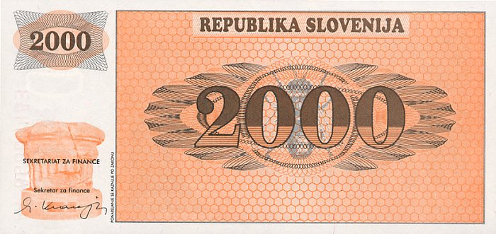 Front of Slovenia p9A: 2000 Tolarjev from 1991