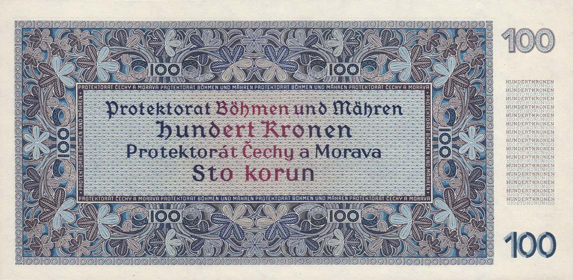 Back of Bohemia and Moravia p6a: 100 Korun from 1940