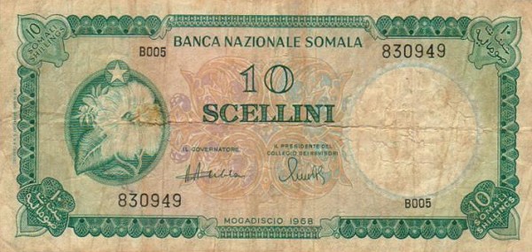 Front of Somalia p10a: 10 Scellini from 1968