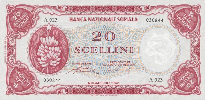 Front of Somalia p3a: 20 Scellini from 1962