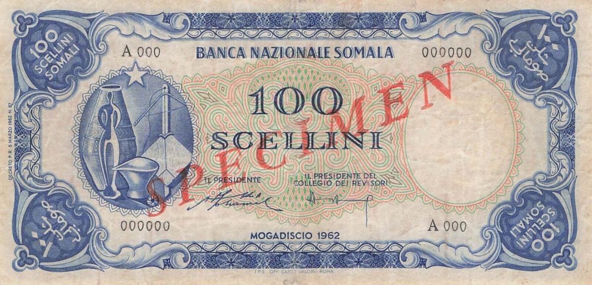 Front of Somalia p4s: 100 Scellini from 1962