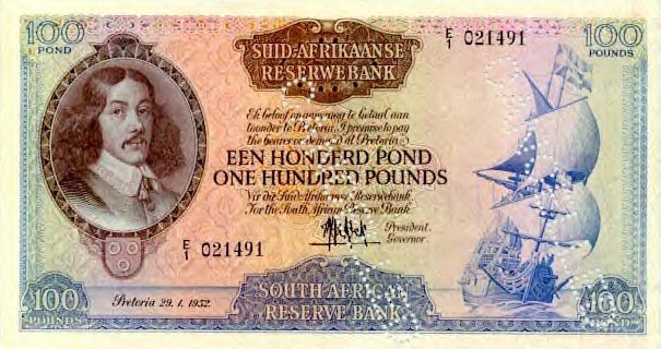 Front of South Africa p101b: 100 Pounds from 1952