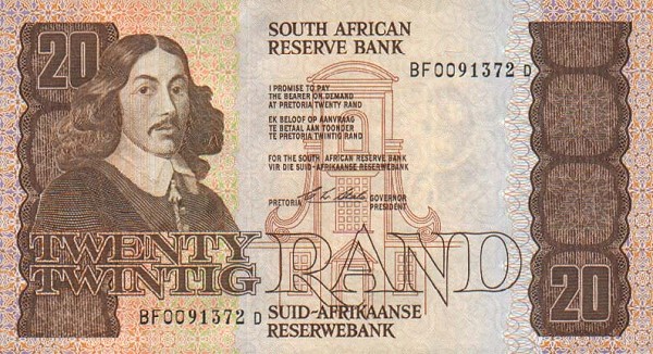 Front of South Africa p121d: 20 Rand from 1985