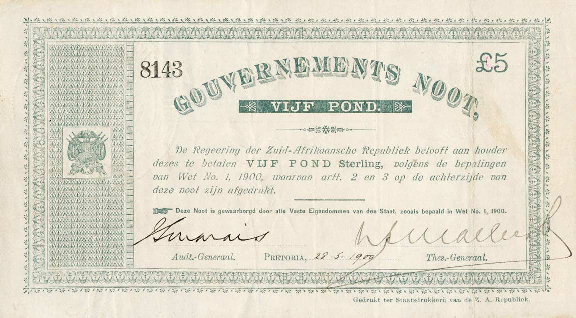 Front of South Africa p55c: 5 Pounds from 1900