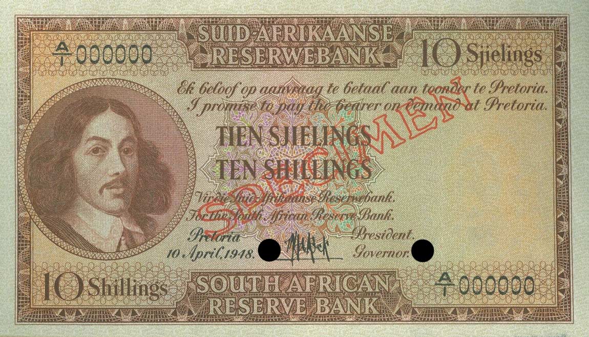 Front of South Africa p90s: 10 Shillings from 1948