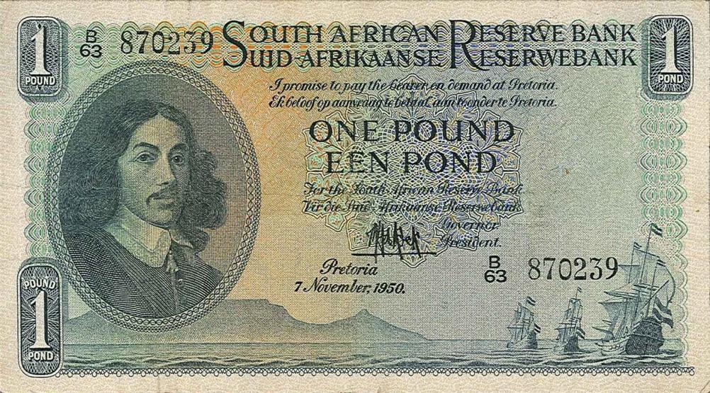 Front of South Africa p92c: 1 Pound from 1950
