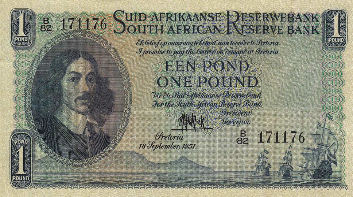 Front of South Africa p93d: 1 Pound from 1950