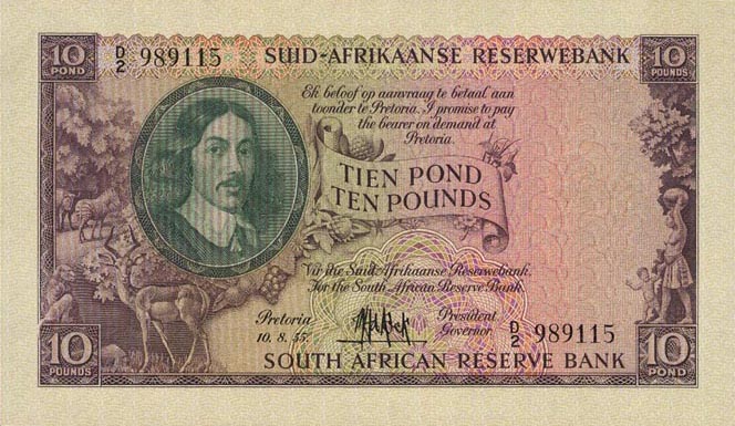 Front of South Africa p99a: 10 Pounds from 1952