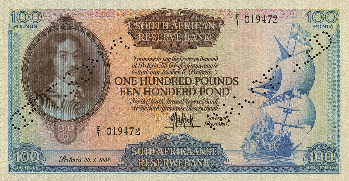 Front of South Africa p100b: 100 Pounds from 1952