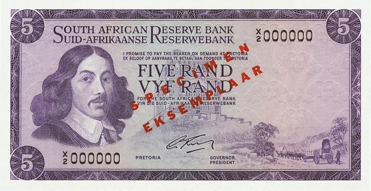 Front of South Africa p111s1: 5 Rand from 1966