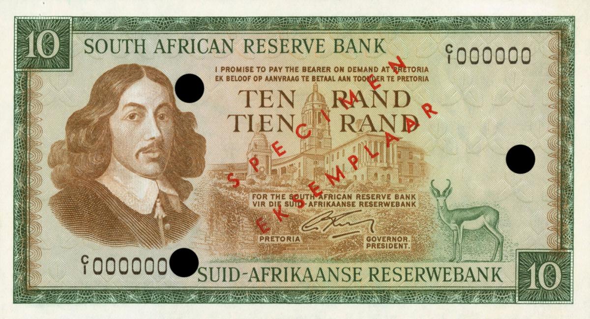 Front of South Africa p113s1: 10 Rand from 1966