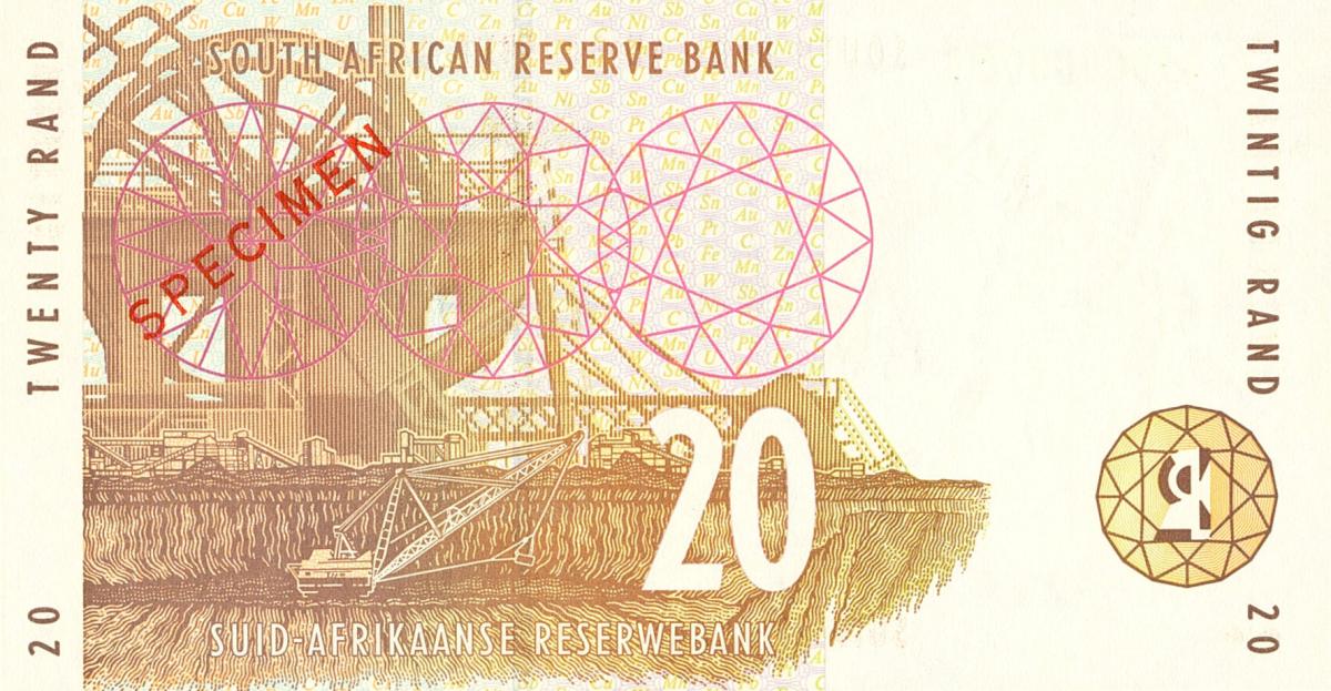 Back of South Africa p124s: 20 Rand from 1993