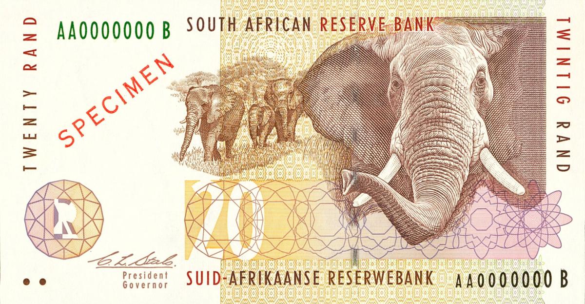 Front of South Africa p124s: 20 Rand from 1993