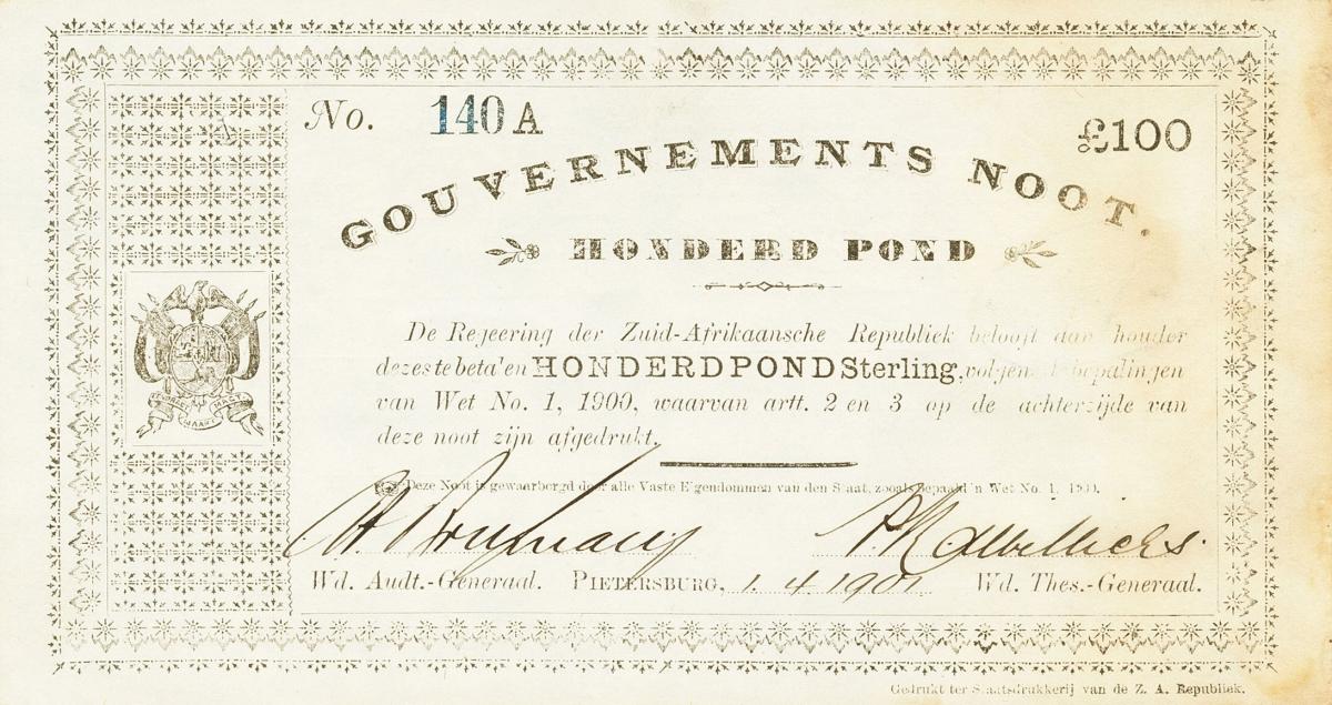 Front of South Africa p65: 100 Pounds from 1901