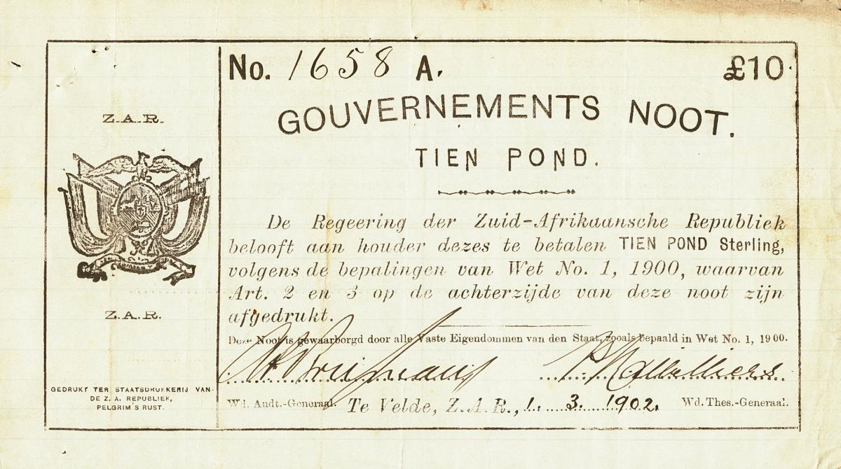 Front of South Africa p67a: 10 Pounds from 1902