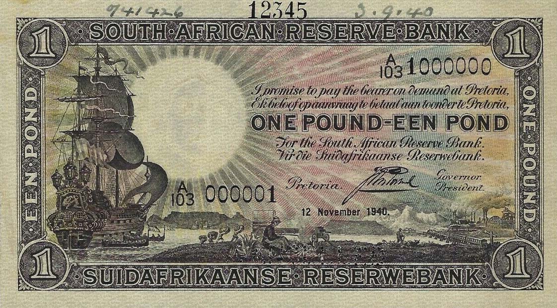 Front of South Africa p84s: 1 Pound from 1928