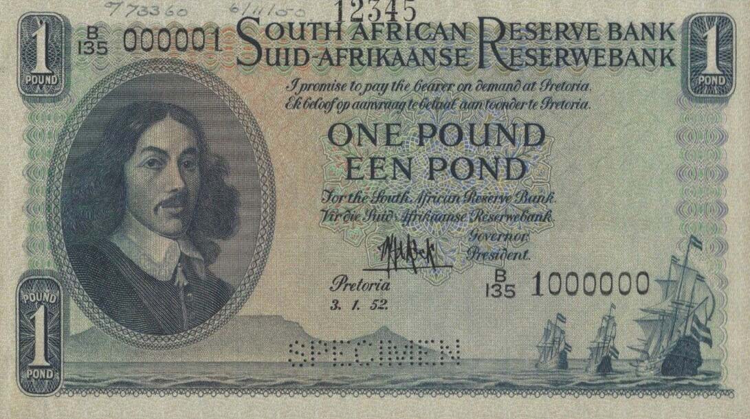 Front of South Africa p92s: 1 Pound from 1949