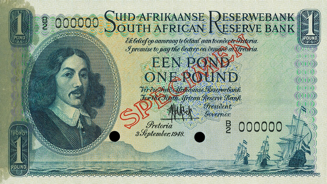 Front of South Africa p93s: 1 Pound from 1949