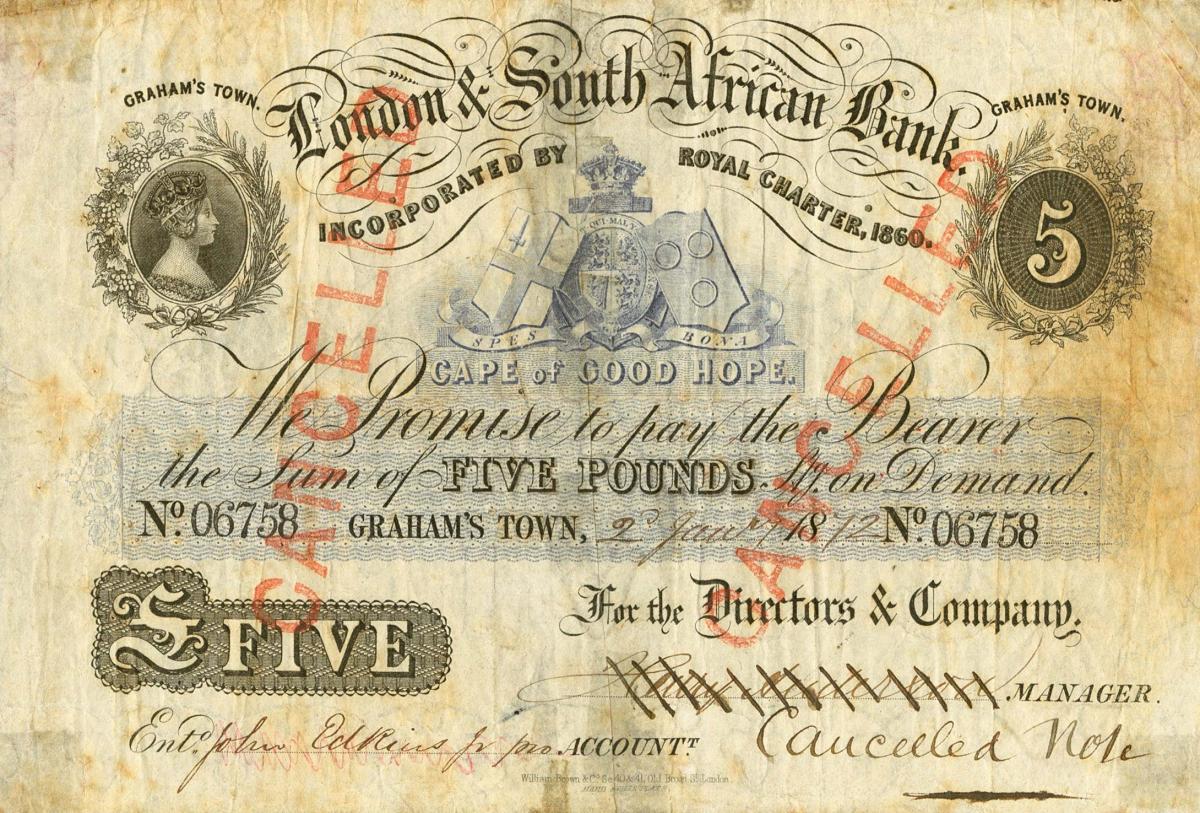 Front of South Africa pS106b: 5 Pounds from 1874