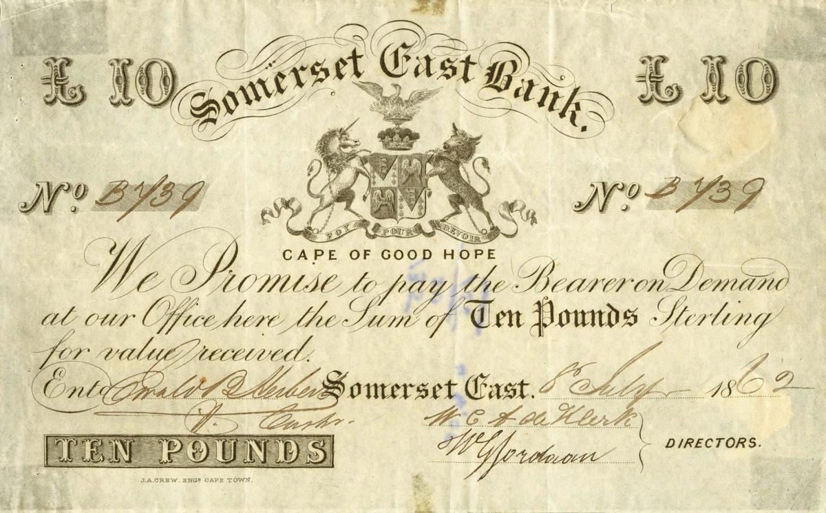 Front of South Africa pS258: 10 Pounds from 1860