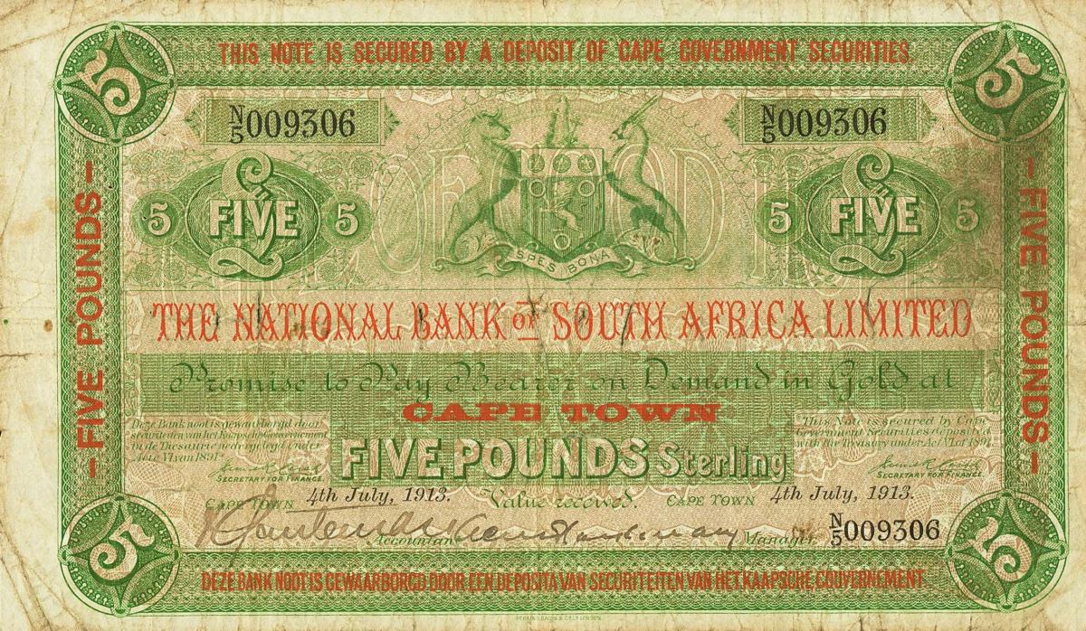 Front of South Africa pS343a: 5 Pounds from 1917