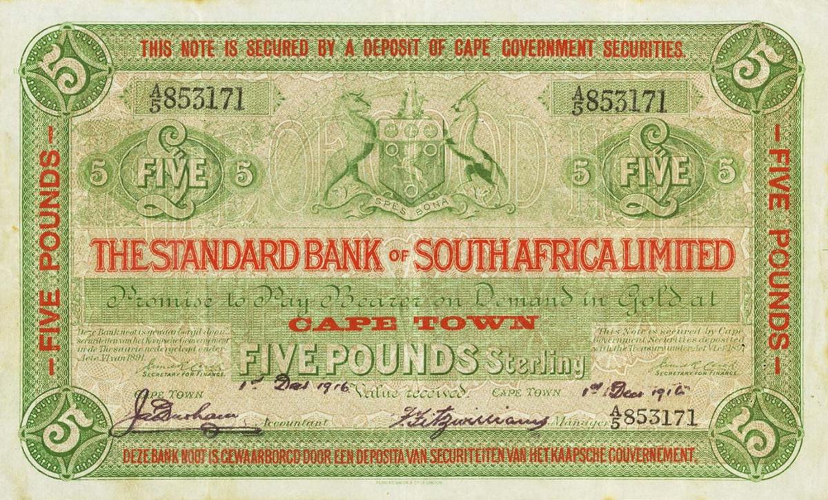 Front of South Africa pS353: 5 Pounds from 1892
