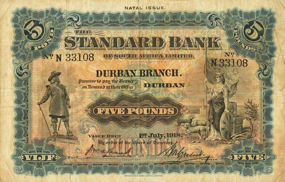 Front of South Africa pS423a: 5 Pounds from 1918