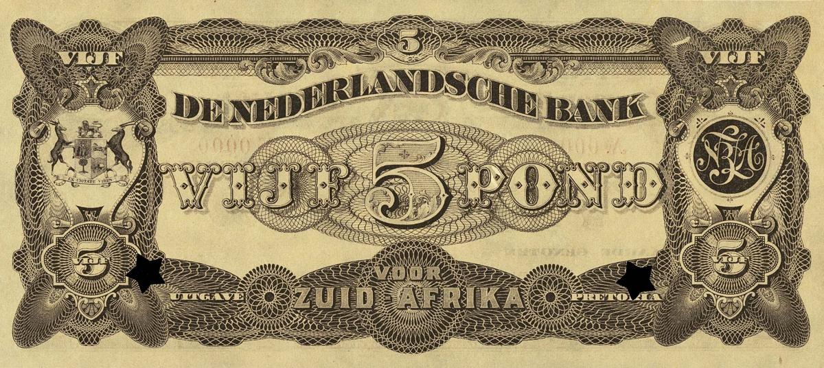 Back of South Africa pS633: 5 Pond from 1920