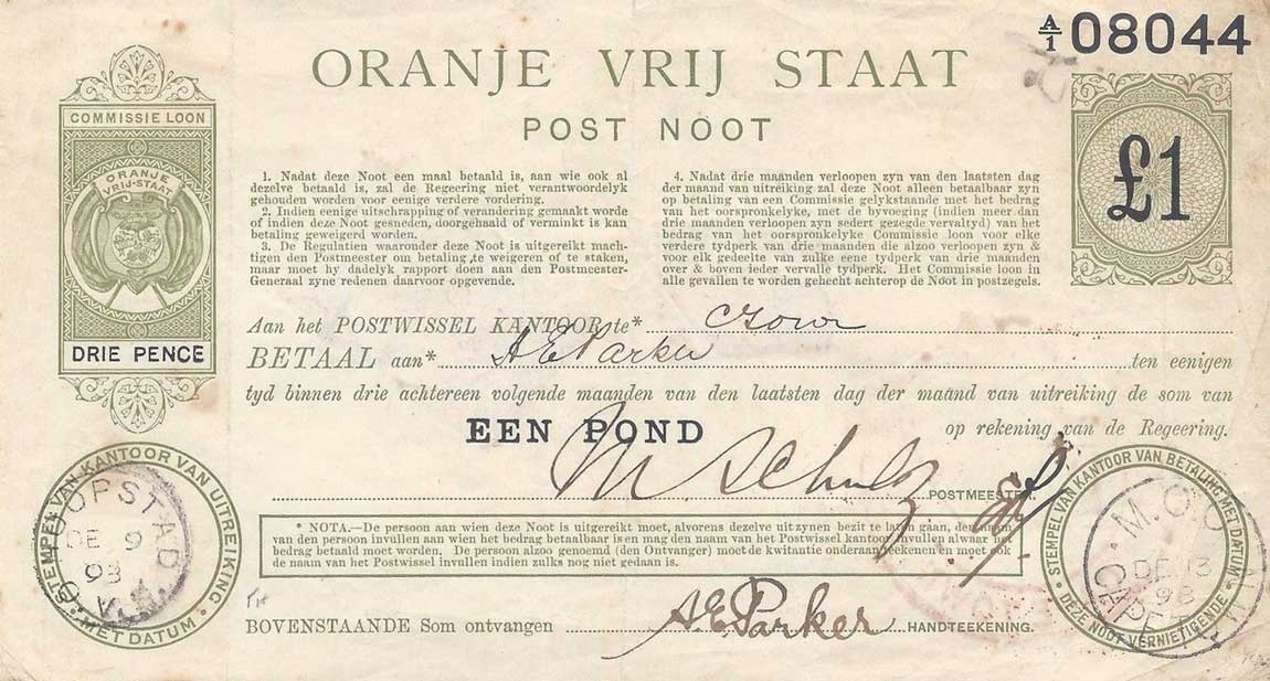 Front of South Africa pS689a: 1 Pound from 1900