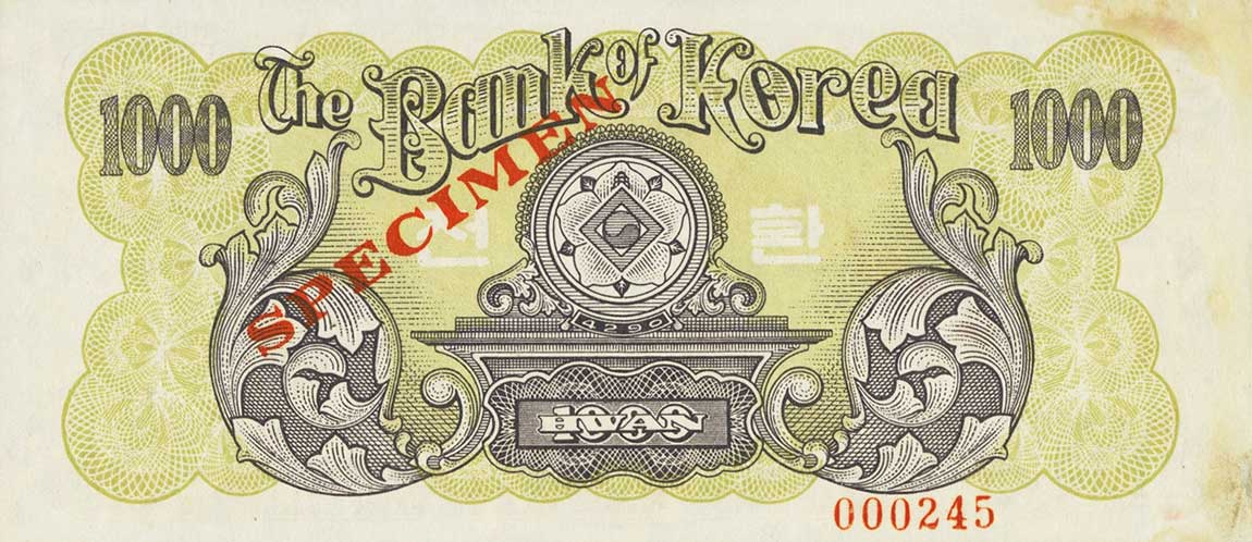Back of Korea, South p22s: 1000 Hwan from 1957