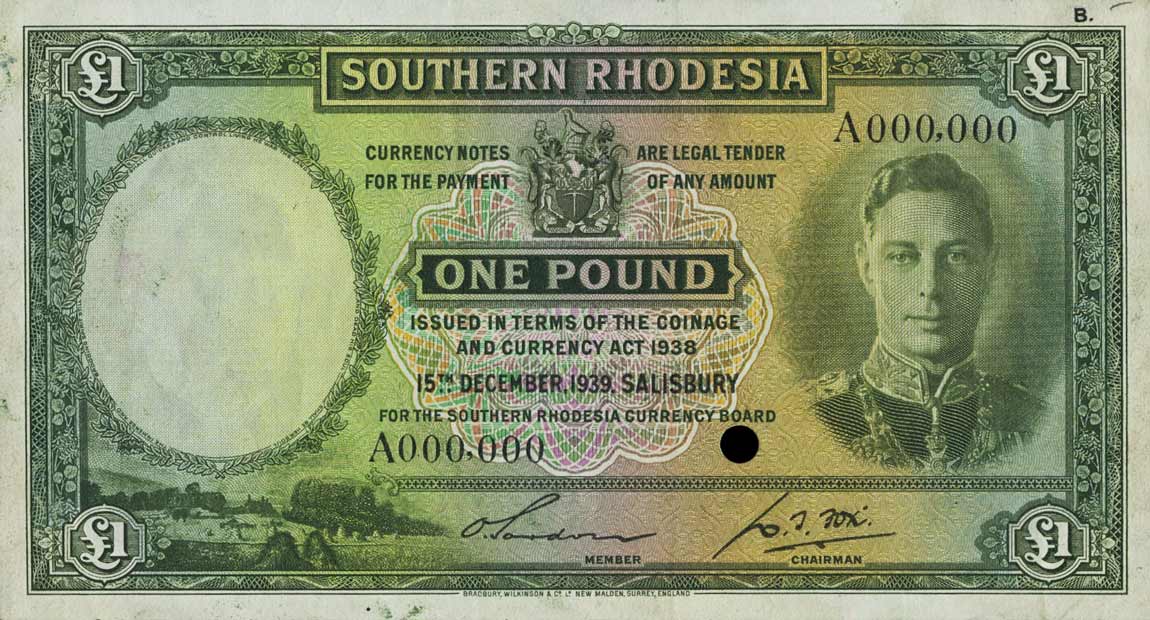 Front of Southern Rhodesia p10s: 1 Pound from 1939