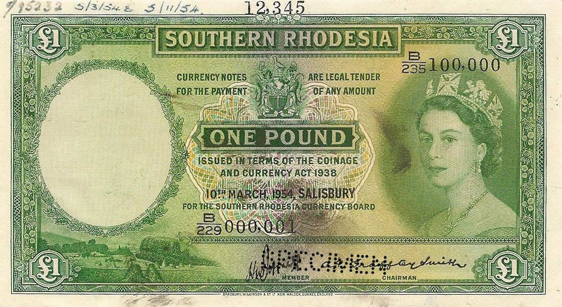 Front of Southern Rhodesia p13s: 1 Pound from 1952