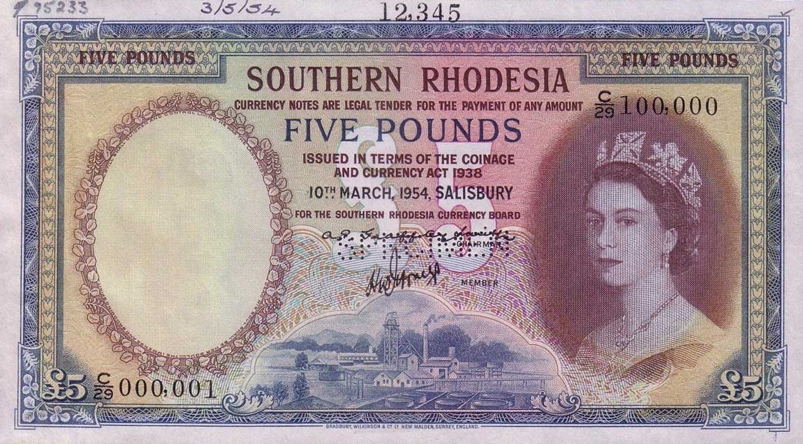 Front of Southern Rhodesia p14s: 5 Pounds from 1953