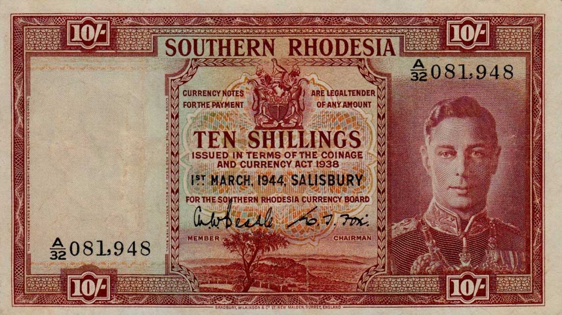 Front of Southern Rhodesia p9b: 10 Shillings from 1944