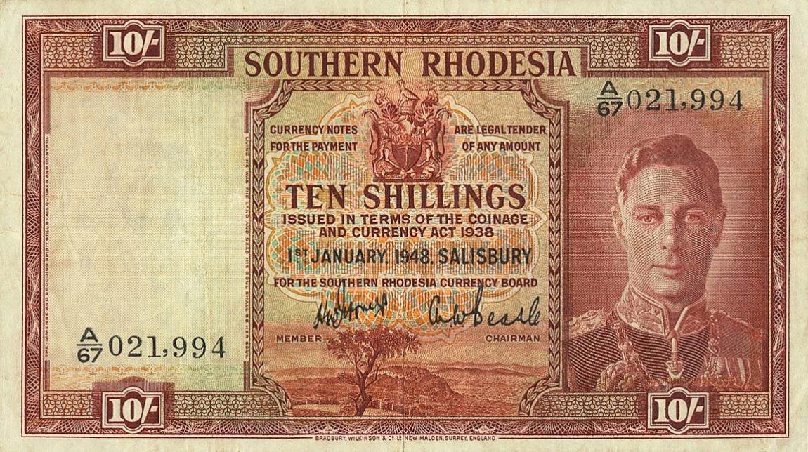 Front of Southern Rhodesia p9d: 10 Shillings from 1948