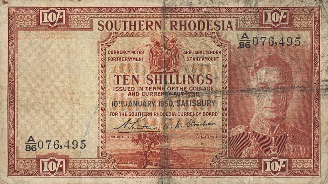 Front of Southern Rhodesia p9e: 10 Shillings from 1950