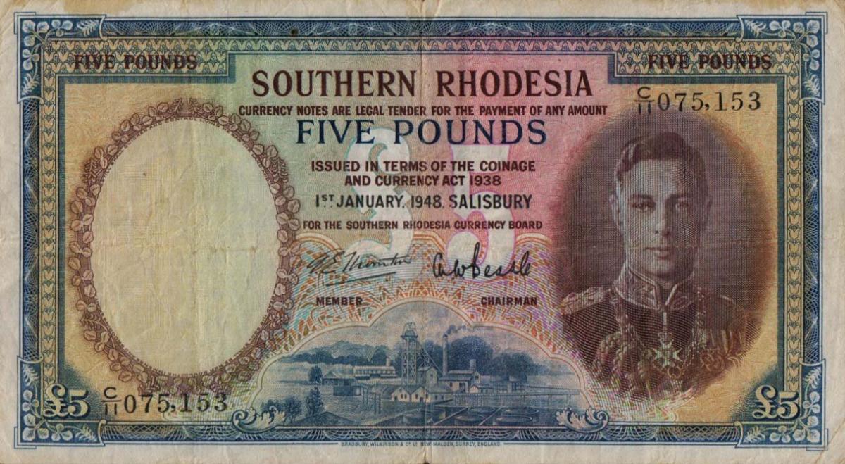 Front of Southern Rhodesia p11d: 5 Pounds from 1948